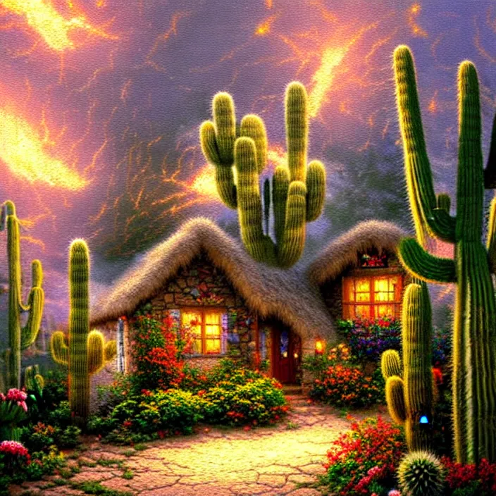 Prompt: hyper realistic, high detail photo of thomas kinkade style painting, cottage, high desert, cactuses, lightning, monsoon, beautiful, dreary lighting