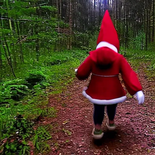 Image similar to bad quality screenshot of a leaked video of a small person dressed as gnome following me through a forest trail, night time, bright camera flash, camera shaking, realistic, ultrarealistic, 480p, scary