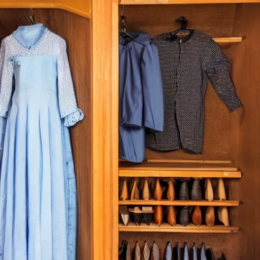 Prompt: an old - fashioned wardrobe with haunted clothes