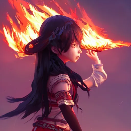 Prompt: Full body, splash art by WLOP, Ilya kuvshinov, Krenz Cushart, and Greg Rutkowski, trending on artstation. Realistic fantasy Native Indian young girl with dark skin and silky black hair, wearing a red-sleeved white t-shirt with jeans, she has fire powers, her hair is made out of astonishing fire flames, wide panorama of a Cinematic dramatic atmosphere of a mystic dense forest, full of foliage, sharp focus, soft volumetric studio lighting