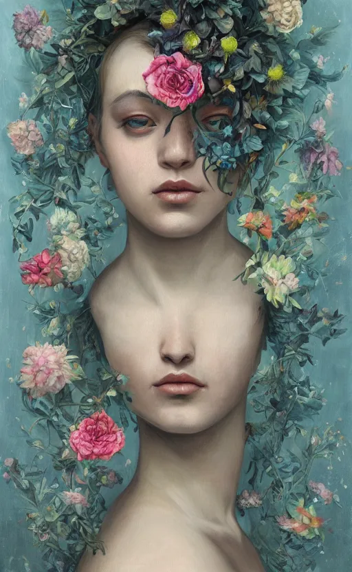 Image similar to a painting of a young woman with a head made of flowers, a surrealist painting by Marco Mazzoni, cgsociety, neo-figurative, detailed painting, rococo, oil on canvas, seapunk, lovecraftian