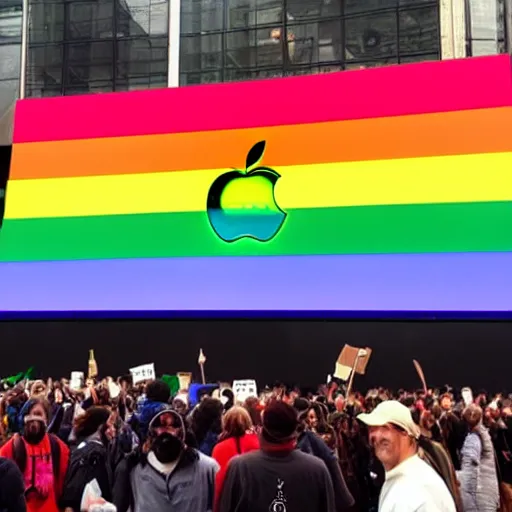 Image similar to rainbow apple logo monolith surrounded by a mob of torch lit protestors