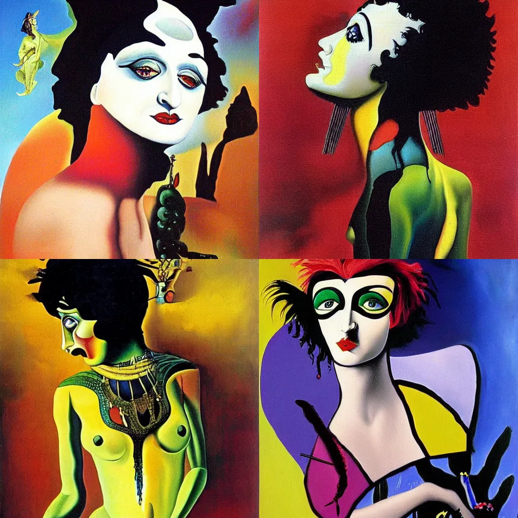 Prompt: salvador dali painting of siouxsie sioux, surrealism, surrealist art, multicolour, oil painting