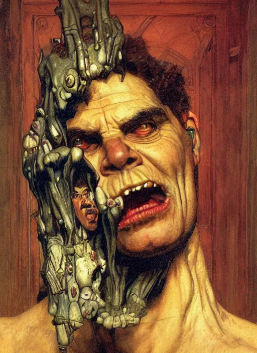 Prompt: upper body portrait of an ogre in victorian living room, by lawrence alma-tadema and zdzislaw beksinski and norman rockwell and jack kirby and tom lovell and greg staples, artstation creature art