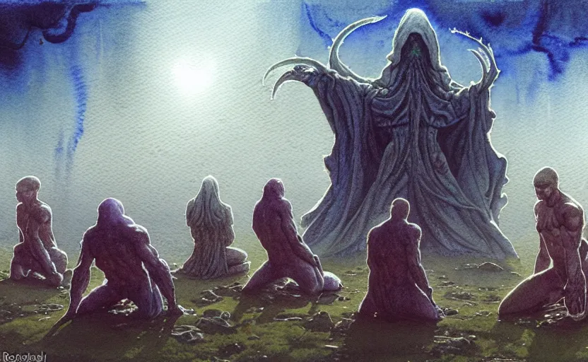 Image similar to a hyperrealist watercolour character concept art portrait of a group of pagan men kneeling down in prayer to a tall elegant lovecraftian alien on a misty night on the moors of ireland. a battlecruiser starship is in the background. by rebecca guay, michael kaluta, charles vess and jean moebius giraud