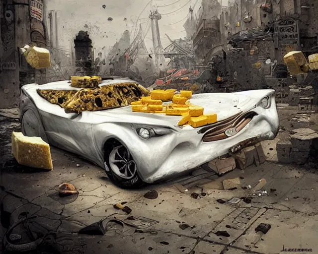 Image similar to a car made of cheese, many holes, made of cheese blocks, smooth, sharp details, concept art by joao ruas, highly detailed, hyperrealistic, artgerm, WLOP