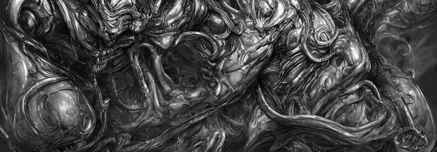 Image similar to engineer prometheus face by Artgerm, xenomorph alien, highly detailed, symmetrical long head, blood color, smooth marble surfaces, detailed ink illustration, raiden metal gear, cinematic smooth stone, deep aesthetic, concept art, post process, 4k, carved marble texture and silk cloth, latex skin, highly ornate intricate details, prometheus, evil, moody lighting, hr geiger, hayao miyazaki, indsutrial Steampunk