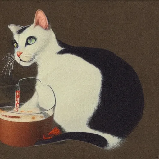 Prompt: a portrait of a cat drinking milk by yoshida hiroshi