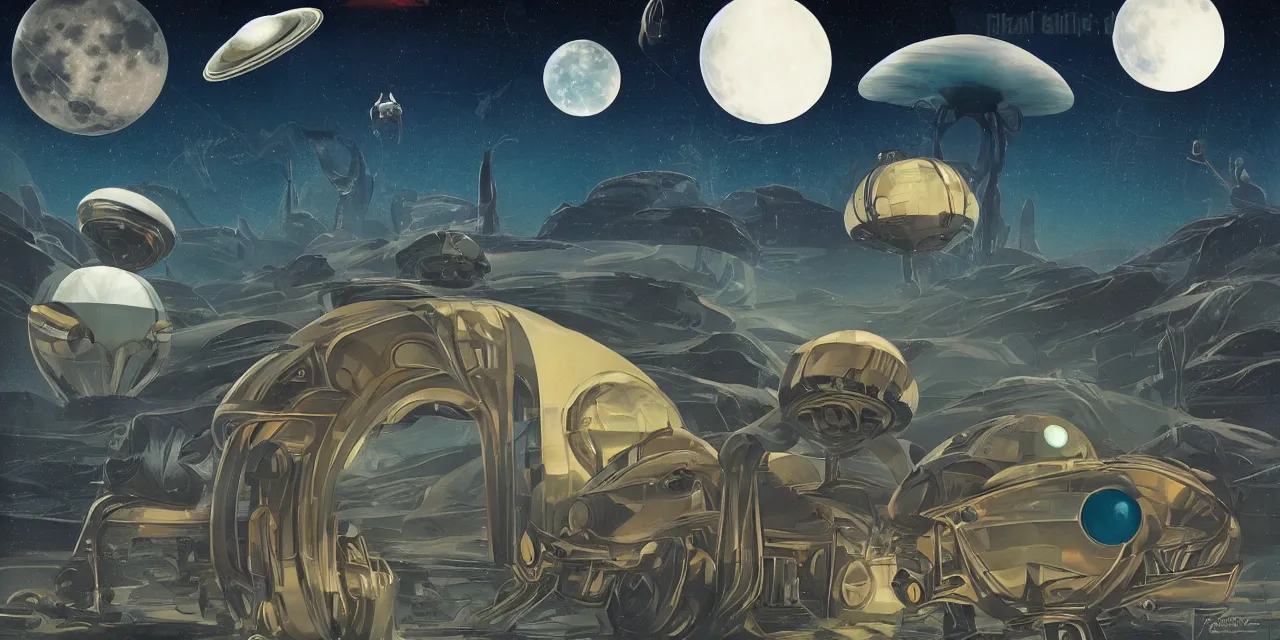 Prompt: surreal art deco designs, sci fi scene, alien landscape, flying saucer and moon rover