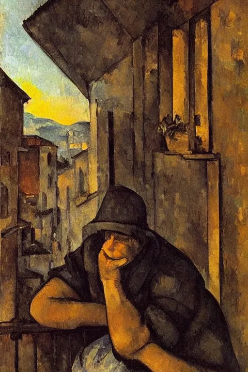 Image similar to an elderly and content italian woman leaning out of the window of an old building, smoking a cigarette, by paul cezanne, firenze, sunset, smooth, expressionist, gold, portrait