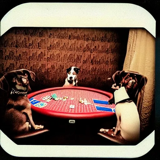 Prompt: “dogs playing poker in ((Las Vegas)),colour polaroid”