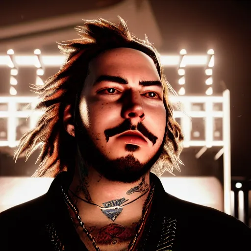 Image similar to a videogame still of Post Malone in Tekken 7, portrait, 40mm lens, shallow depth of field, close up, split lighting, cinematic