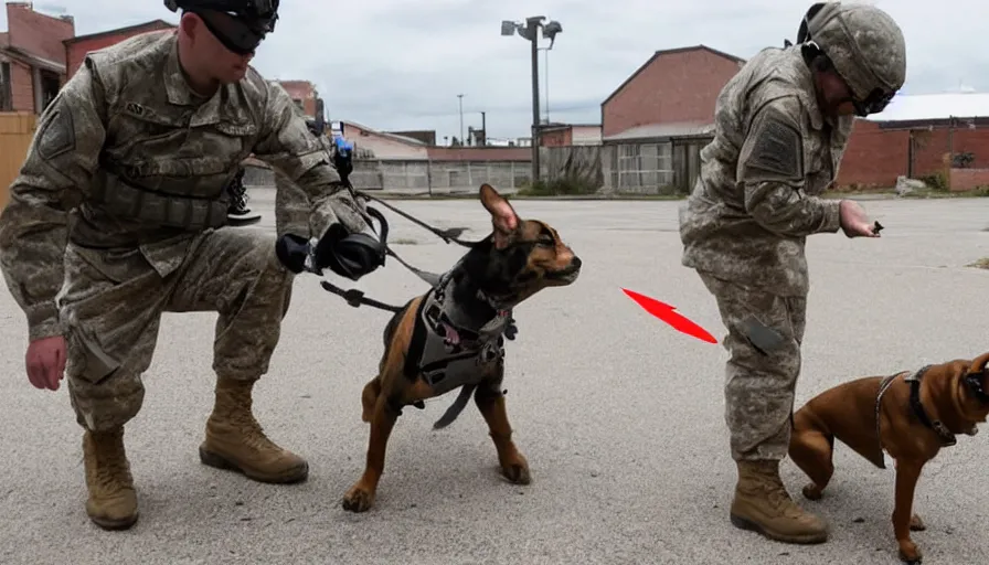 Image similar to a soldier sends a dog to attack a cyborg