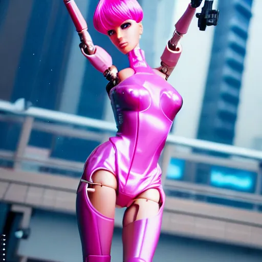 Image similar to cinematic, full shot, realistic cyberpunk barbie, blond hair brown skin, barbie cyborg, perfect face, perfect body, plastic skin, mattel, pink latex short dress with led, ghost in the shell, hajime sorayama, h 7 6 8