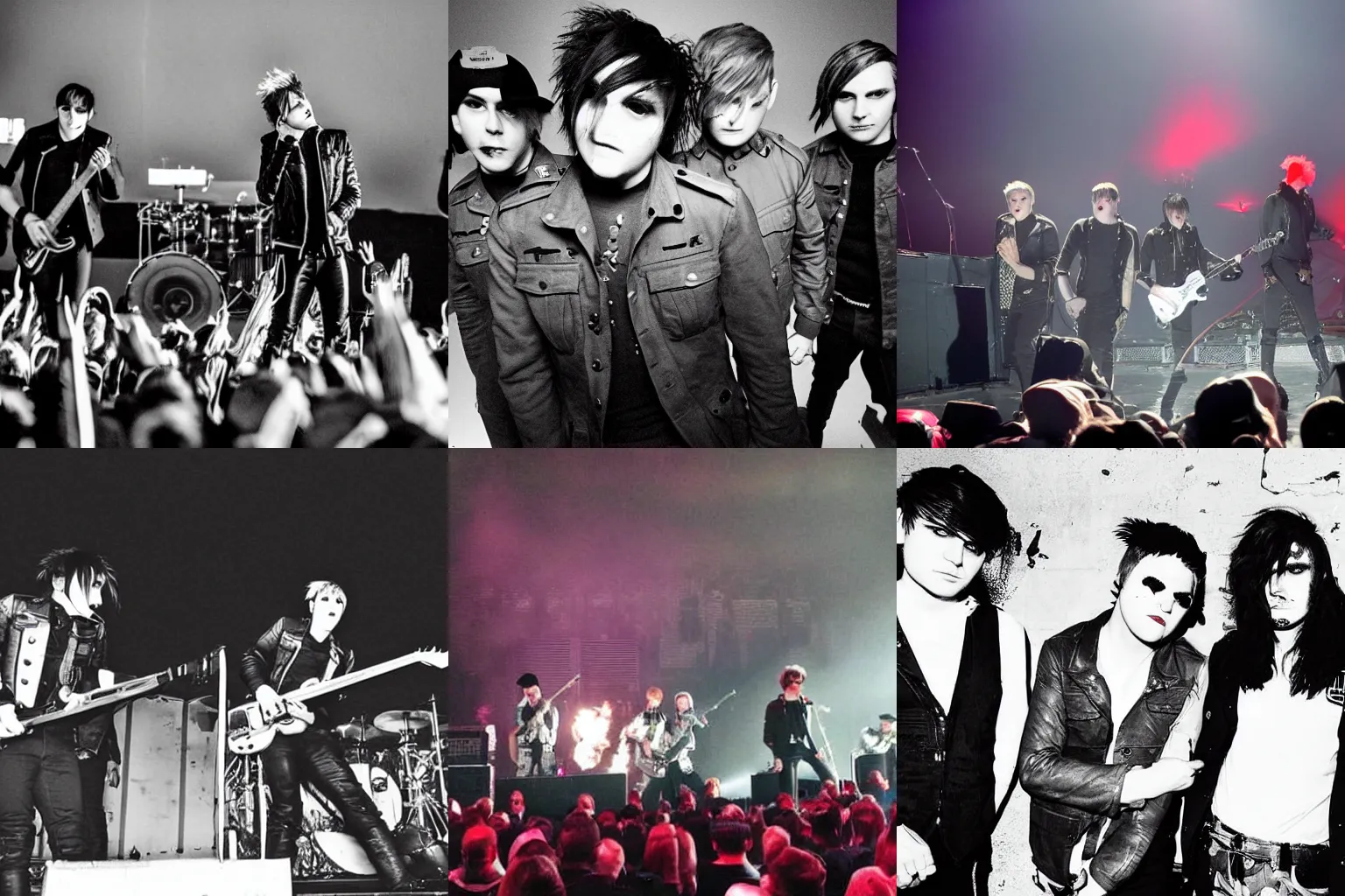 Prompt: My chemical romance playing a concert for WW2 soldiers, old picture, Restoration