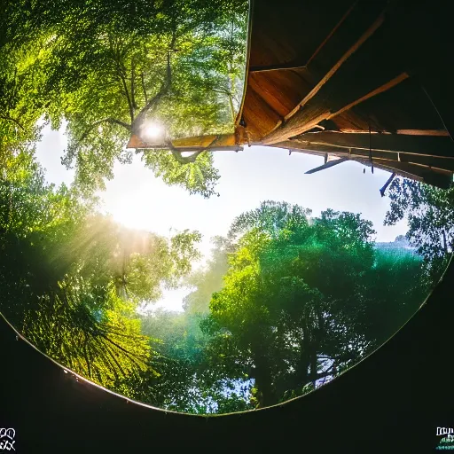 Prompt: A pov in a tree house, photo national geographic, gopro, ultrahd, morning mist, beautiful