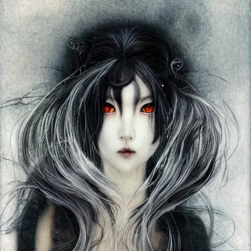 Prompt: yoshitaka amano blurred and dreamy realistic illustration of a japanese woman with black eyes, black lipstick, long wavy white hair fluttering in the wind wearing elden ring armor with engraving, abstract patterns in the background, satoshi kon anime, noisy film grain effect, highly detailed, renaissance oil painting, weird portrait angle, blurred lost edges, three quarter view