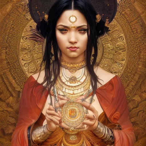 Prompt: Portrait of an hindu goddess with black hair, 3c, asian, dark art, D&D, fantasy, intricate, elegant, highly detailed, digital painting, artstation, concept art, matte, sharp focus, illustration, art by Artgerm and Greg Rutkowski and Alphonse Mucha