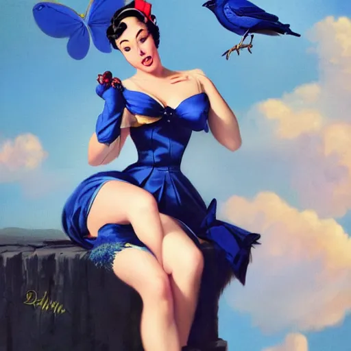 Image similar to pinup girl holding an indigo bunting, bird, the bird is wearing a bowtie, by greg rutkowski, rossdraws, gil elvgren, enoch bolles, anime, porcelain skin, very coherent