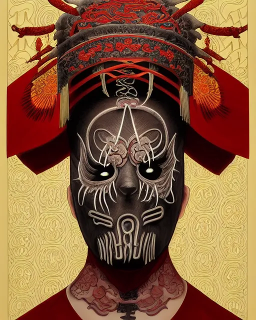 Image similar to portrait of slipknot band, upper half portrait, decorated with chinese opera motifs, asian, bian lian, traditional chinese art, intricate, elegant, highly detailed, symmetry, digital painting, artstation, concept art, smooth, sharp focus, illustration, art by artgerm and greg rutkowski and alphonse mucha, 8 k