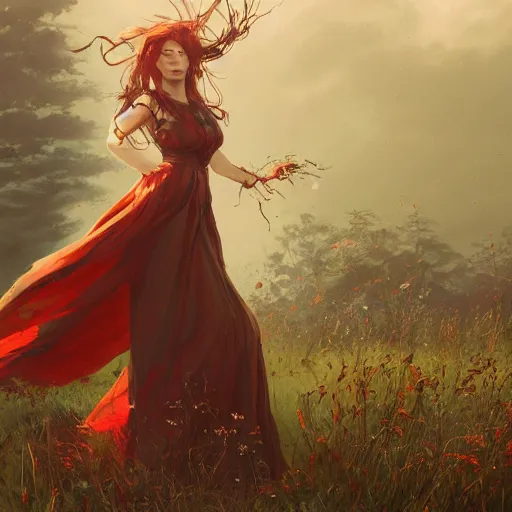 Image similar to a woman with long hair and with red long dress balancing with wind on a lawn, with weeds and some trees, highly detailed, illustration, fantasy art, in the style of greg rutkowski, epic, fantasy, intricate, hyper detailed, artstation, concept art, smooth, sharp focus, ray tracing