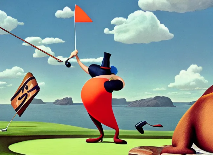 Image similar to matte sharp painting, surrealist, a walrus playing golf, juxtapoz, artforum, gary baseman, preston blair, tex avery, dan mumford, pedro correa