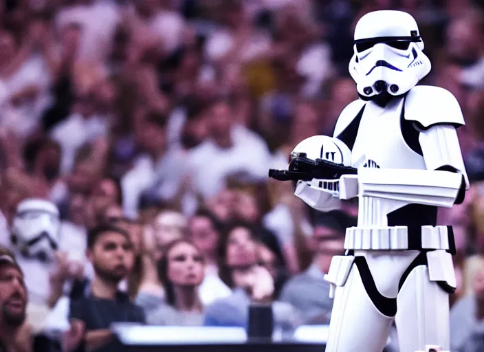 Prompt: ESPN still of Storm Trooper playing in the nba playoffs live on espn, 4k