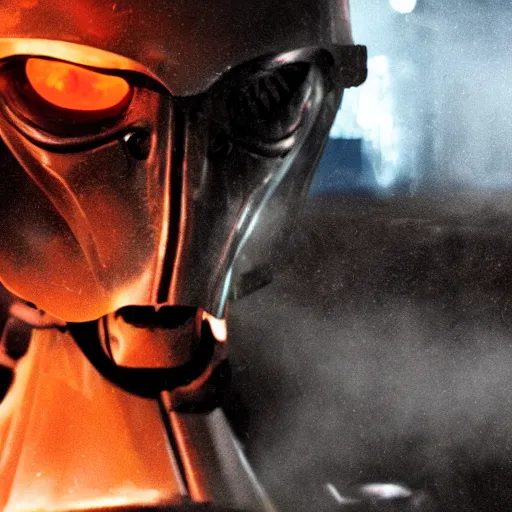 Prompt: closeup of mecha made from kitchen utensils, dark messy smoke - filled cluttered workshop, dark, dramatic lighting, orange tint, cinematic, highly detailed, sci - fi, futuristic, movie still from blade runner