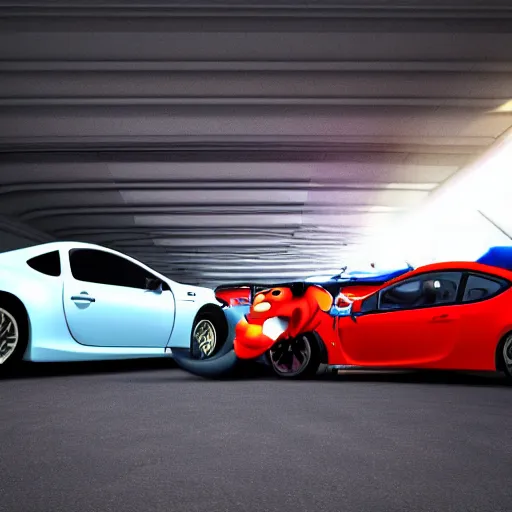 Image similar to An Evo 10 car and a BRZ car kissing each other, Pixar Cars movie style, 3D render, beautiful lighting, the cars have faces, extremely detailed, HDR, 4K, 8K, the lips of the cars are touching