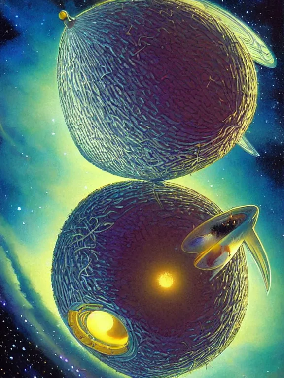 Image similar to round coconut space rocket fly at vanilla orchids galaxy cosmic nebula, style of moebius, vincent di fate, john berkey, michael whelan volumetric light, mega detailed, beautiful composition, beautiful lighting