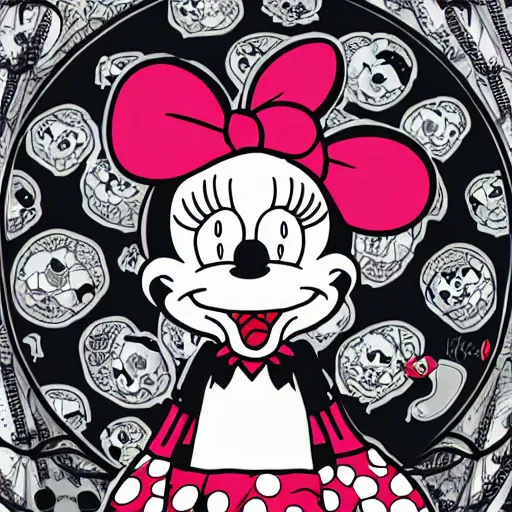 Image similar to anime manga skull portrait girl face minnie mouse marge Simpsons detailed highres 4k Mucha and James Jean pop art nouveau