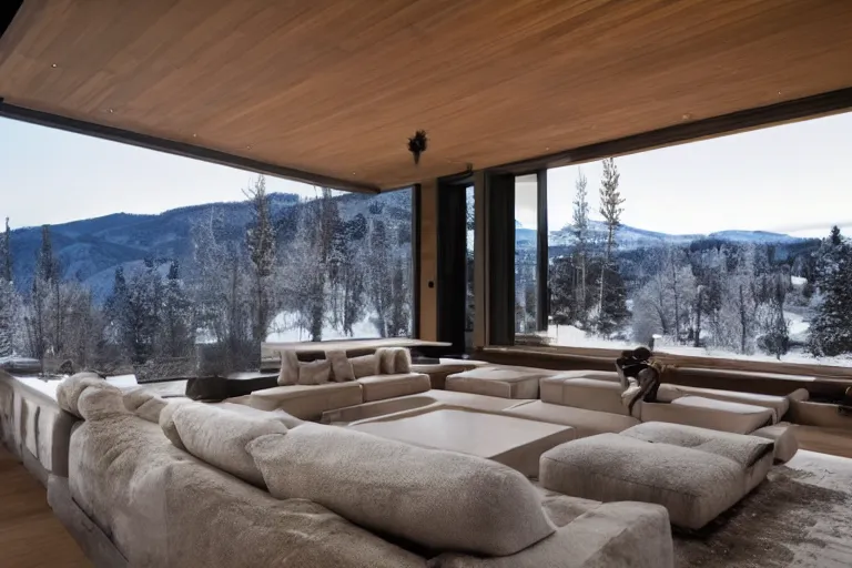 Prompt: a beautiful modern stone mansion in Aspen by Emmanuel Lubezki