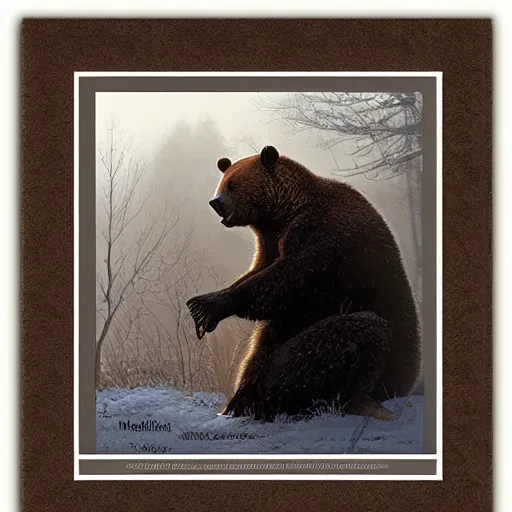 Prompt: norman rockwell digital art of a natural beautiful bear in foggy and snowy, but as a photograph, natural photorealistic award winning, national geographic