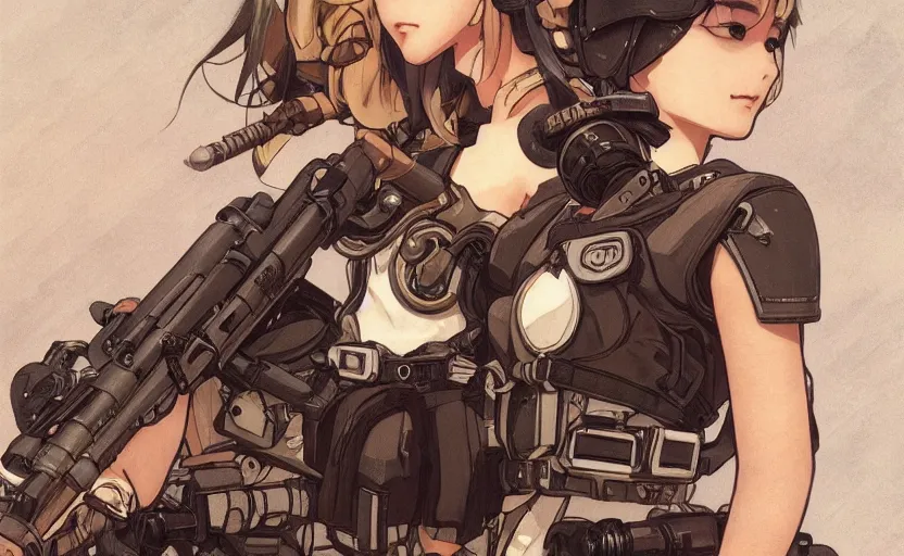 Image similar to mechanized valkyrie girl, anime style, airforce gear, vintage clothing, smoking gun barrel, short hair, hair down, symmetrical facial features, from arknights, hyper realistic, 4 k, rule of thirds, extreme detail, detailed drawing, trending artstation, hd, d & d, realistic lighting, by alphonse mucha, greg rutkowski