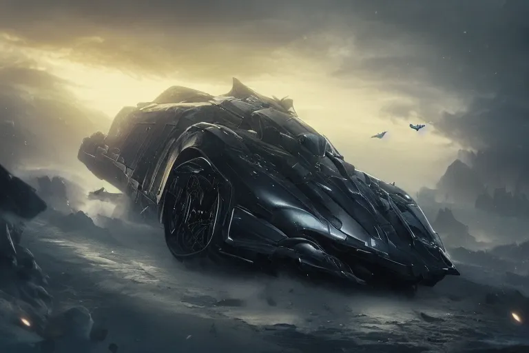 Image similar to the batmobile caught in the flow of time. octane render. 8 k. dark. atmospheric. cinematic. spectacular. sense of awe. mist. strong winds. sunrise. super slowmotion. matte painting painted by thu berchs and peter mohrbacher