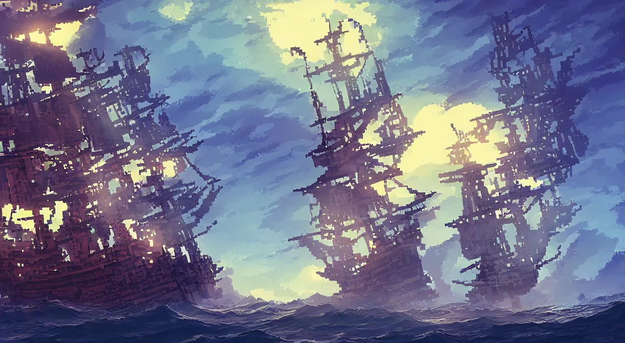 Image similar to Pixelart of a ghost pirate ship with a Jolly Roger flag, volumetric lighting, digital pixel art, pixiv, by Aenami