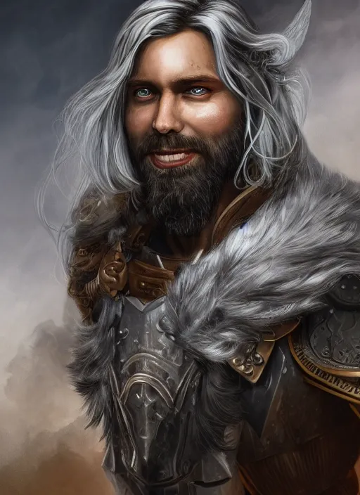 Image similar to an epic fantastic realism comic book style portrait painting of an aasimar paladin, male, shaggy silver hair, short brown beard, intense face, d & d concept art, unreal 5, daz, petrol aesthetic, octane render, cosplay, rpg portrait, dynamic lighting