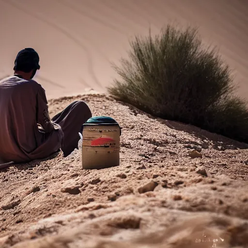 Image similar to realistic photo of omani man camping in desert, detailed, canon, bokeh