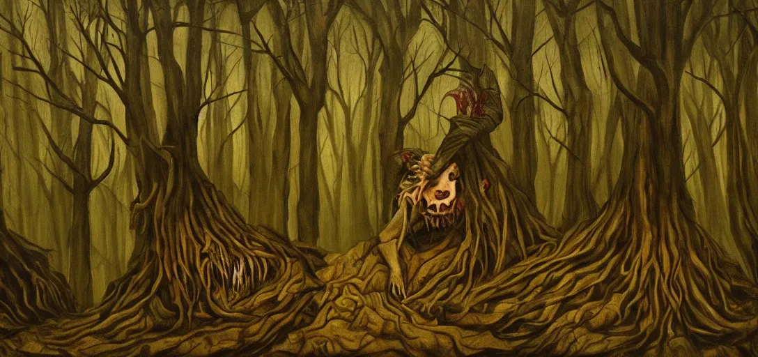 Image similar to A horror painting of a dark fantasy forest, pain, agony, sorrow