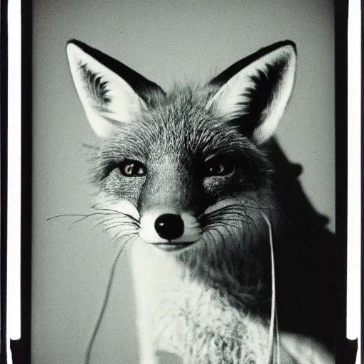 Image similar to medium-shot neat polaroid photo of a fox in a hoodie, 80s, colour, by Andy Warhol