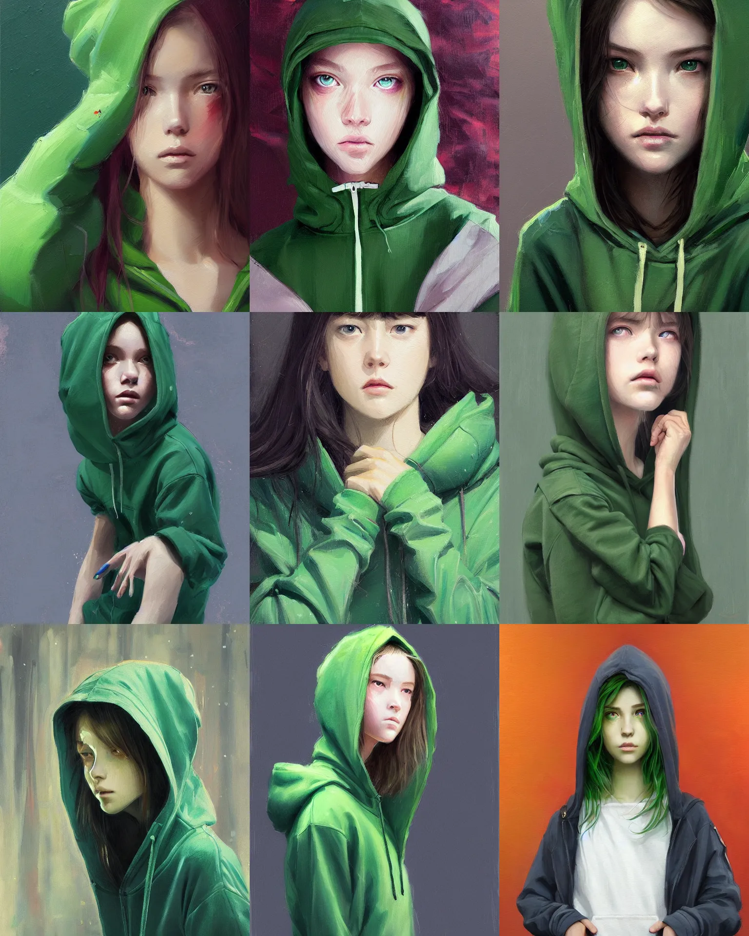 Image similar to a painting of a fully dressed girl wearing a hoodie upper body with beautiful green eyes, highly detailed, digital painting, artstation, sharp focus, dreamy illustration, art by katsuhiro otomo ghost - in - the - shell, artgerm, jeremy lipkin and giuseppe dangelico pino and michael garmash and rob rey