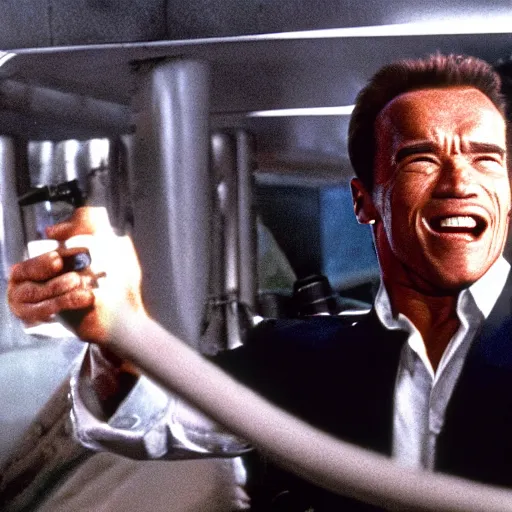 Prompt: arnold schwarzenegger in true lies smiling at the camera, blooper, out take, funny