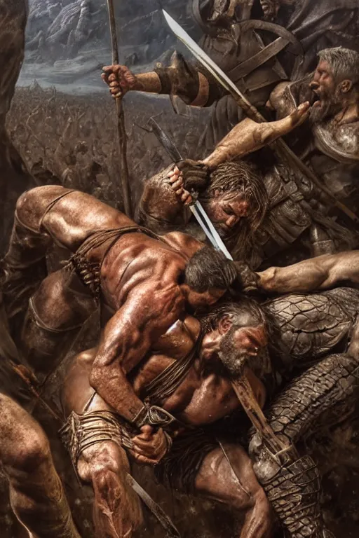 Image similar to hyperrealistic mixed media painting of biblical Cain stabbing Abel with a spear, masculine and rugged, stunning 3d render inspired art by P. Craig Russell and Barry Windsor-Smith + perfect facial symmetry + dim volumetric lighting, 8k octane beautifully detailed render, post-processing, extremely hyperdetailed, intricate, epic composition, grim yet sparkling atmosphere, cinematic lighting + masterpiece, trending on artstation, very very detailed, masterpiece, stunning