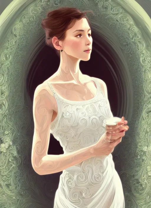 Image similar to long shot, woman posing, short wavy hair, round face, intricate white dress, cottagecore!!, inside water, intricate, enlightened, highly detailed, digital painting, artstation, concept art, smooth, sharp focus, illustration, inspired by artgerm, by marat safin, and alphonse mucha