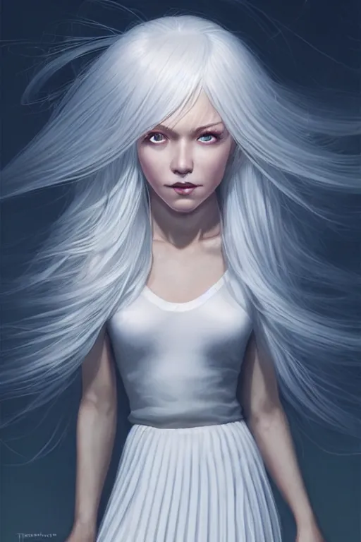 Image similar to magnum opus portrait professional photograph female holding white hair glowing, blush, pleated skirt, flowing hair, slim face, elegant, terry moore, masamune shirow, barclay shaw, karol bak, greg rutkowski