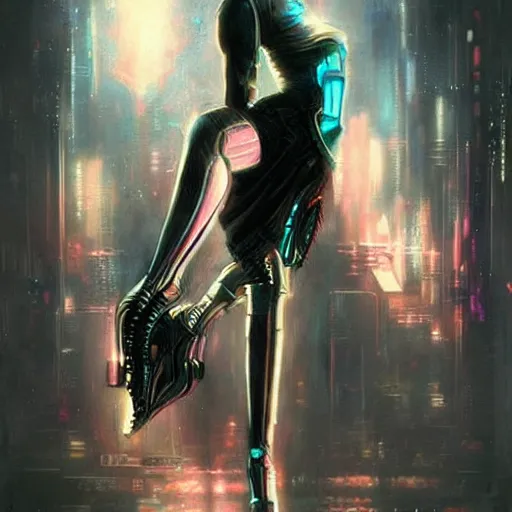 Image similar to beautiful illustration of a cyberpunk android ballerina, painting by Raymond Swanland, sci-fi cybernetics, art deco, synthwave hq