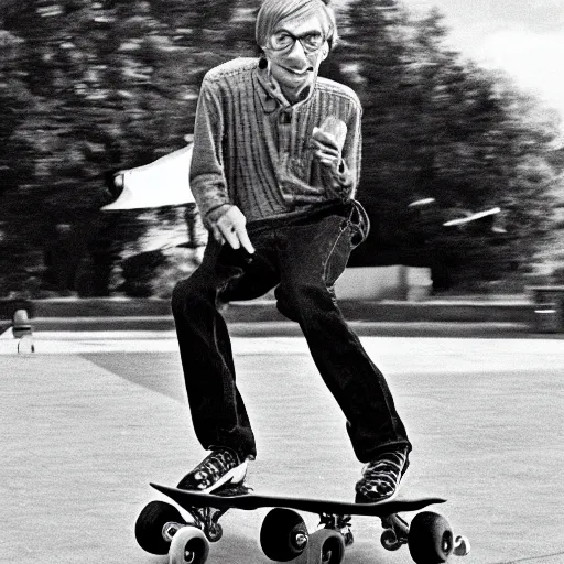 Image similar to Stephan Hawking on a skateboard, at a skatepark, historical photo, photorealistic