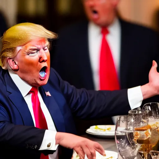 Prompt: Donald Trump screaming, angry, and refusing to eat his dinner, 4k, high quality photograph