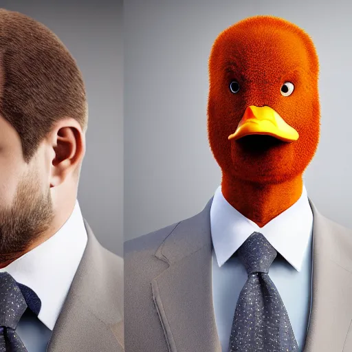 Image similar to a high detail photo of a man with a duck's head wearing a suit, antropomorphic, photorealism