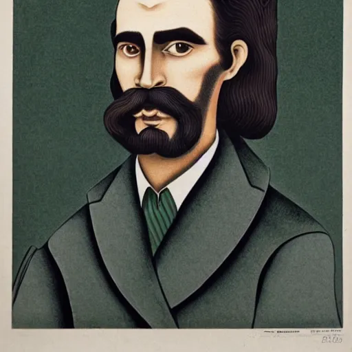 Prompt: young man, long hair, short facial hair, no mustache, dark green eyes, dark eyebrows, light widows peak light facial hair, in the style of mauritz cornelis escher, in - frame